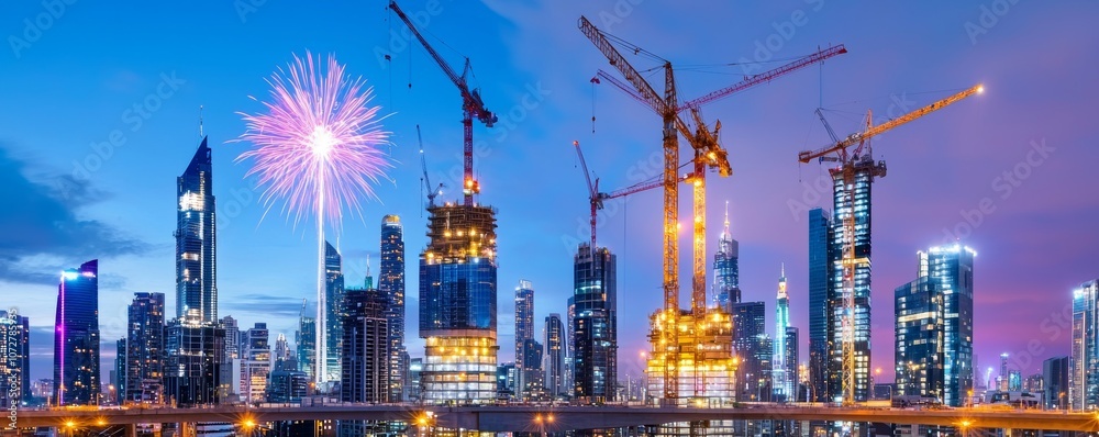 Fototapeta premium Skyscrapers Under Construction Lit by New Year Fireworks