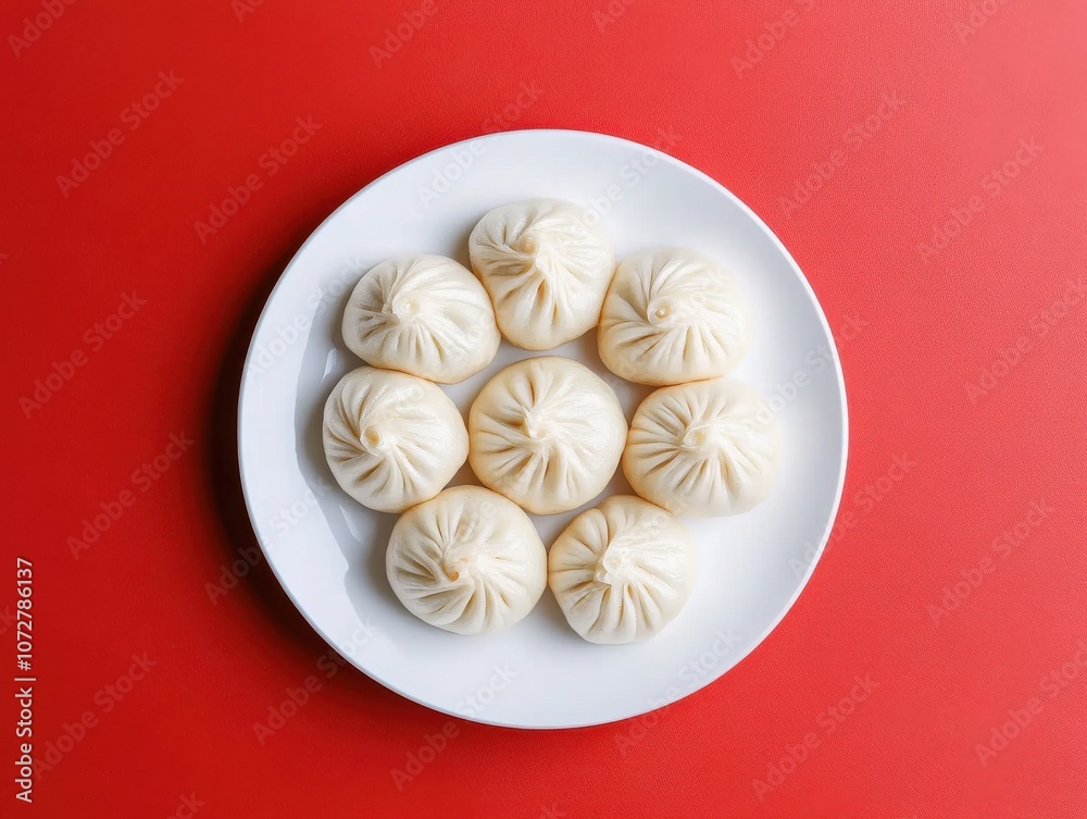 Traditional Chinese Steamed Buns on Red Background