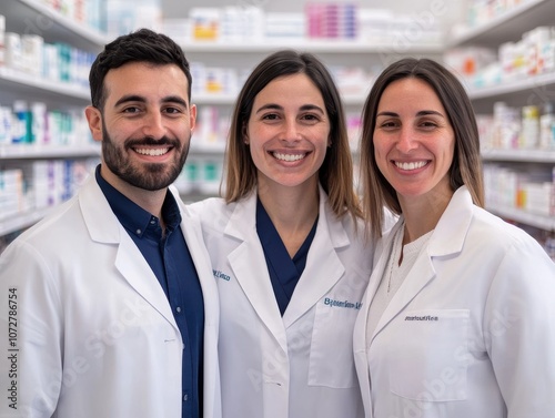 Three Pharmacists in White Coats Posing Together