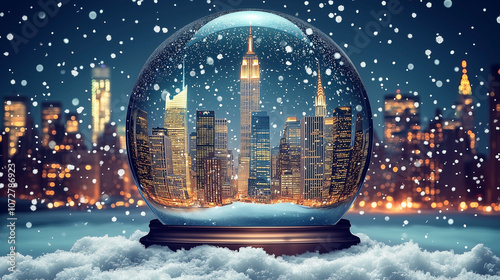 Snowy NYC in a Snow Globe: A captivating image of the New York City skyline nestled inside a snow globe, with snowflakes gently falling. Perfect for winter, holiday, or travel themes. 