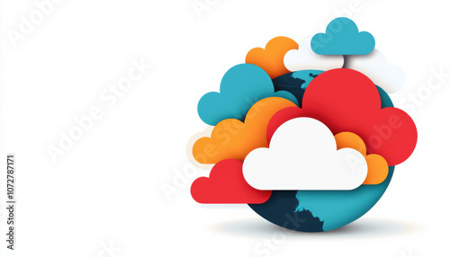 A vibrant, colorful illustration of clouds above a globe, symbolizing creativity, nature, and the connection between the Earth and the atmosphere.