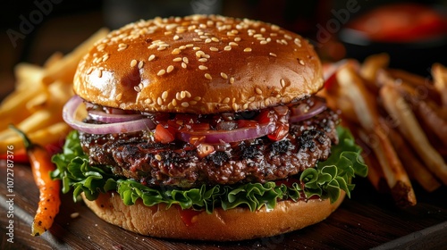 Wallpaper Mural A juicy cheeseburger with red onion, lettuce, and tomato on a sesame seed bun, served with french fries. Torontodigital.ca