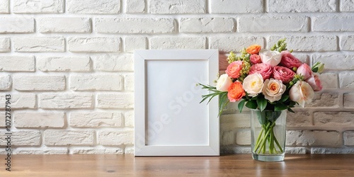 Minimalist White Frame Mockup with Fresh Flowers on Shelf Against a Brick Wall, Ideal for Digital Prints and Home Decor Projects Featuring Mother's Day Themes