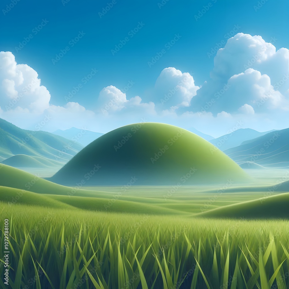 Green grass hills and blue sky with white clouds. Vector illustration generated by AI Green grass hills and blue sky with white clouds. Vector illustration generated by AI