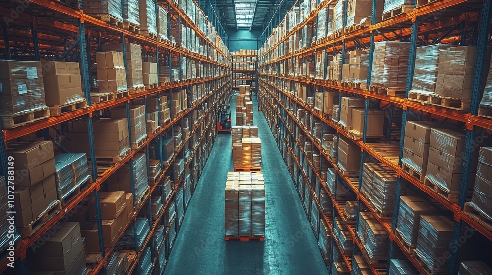 Retail Warehouse full of Shelves with Goods in Carton Boxes, Product Distribution Logistics Center.