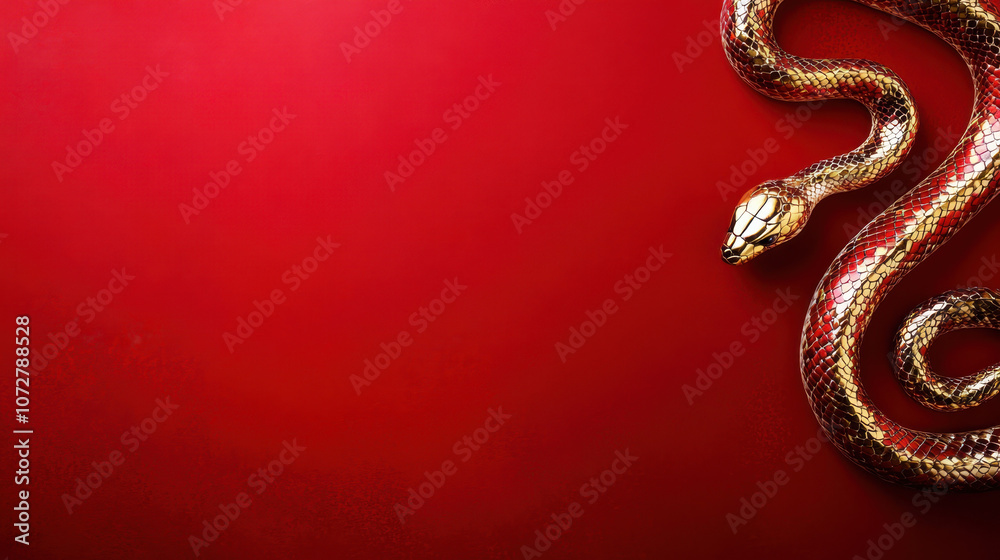 Obraz premium golden snake on vibrant red background, symbolizing elegance and mystery. intricate scales reflect light beautifully, creating striking visual