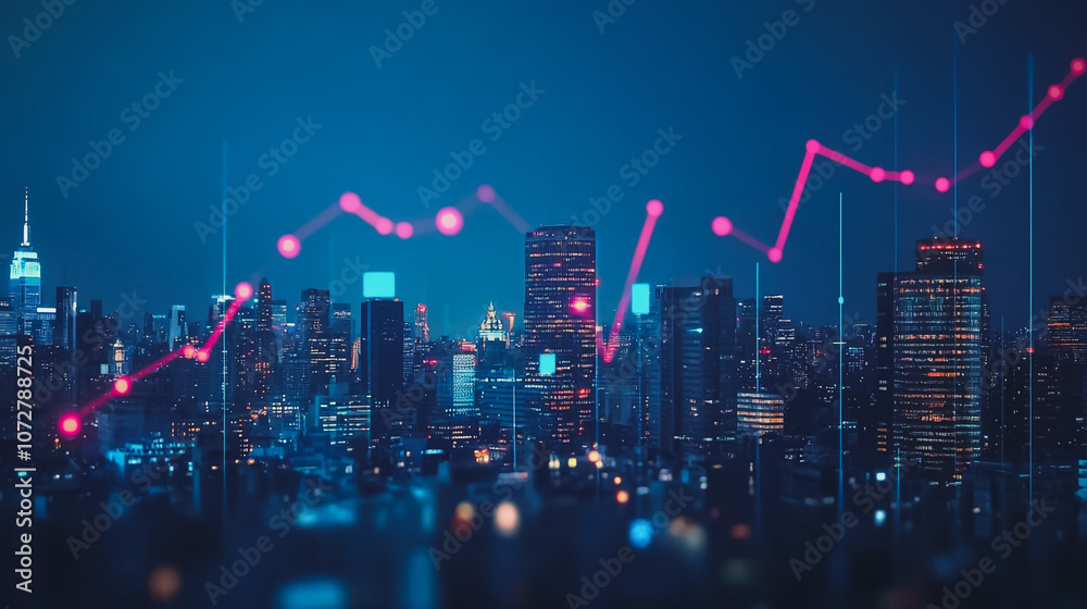 Obraz premium Smart digital Innovation Business skyscrapers in the Financial District with connection network reciprocity over the cityscape. of future smart wireless digital city and social media networking