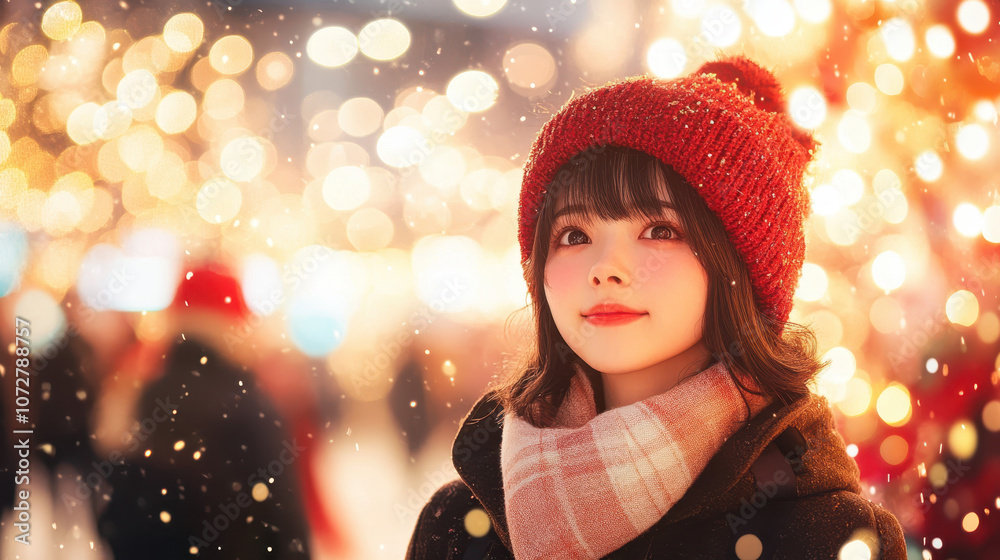 young woman in red beanie and scarf smiles amidst festive lights and falling snow, capturing joy of winter young woman in red beanie and scarf smiles amidst festive lights and falling snow, capturing joy of winter