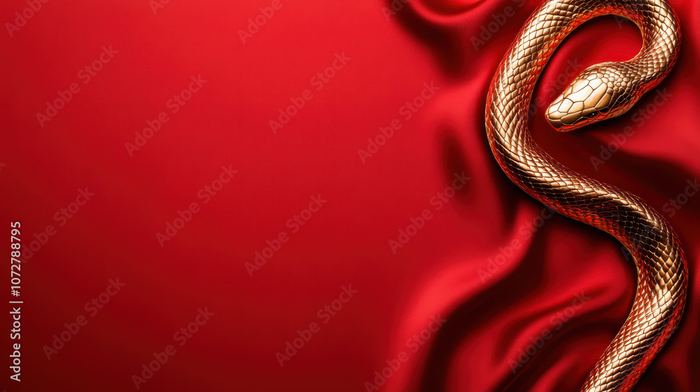 Obraz premium golden snake on red silk background, symbolizing elegance and mystery. smooth texture of fabric enhances luxurious feel of image