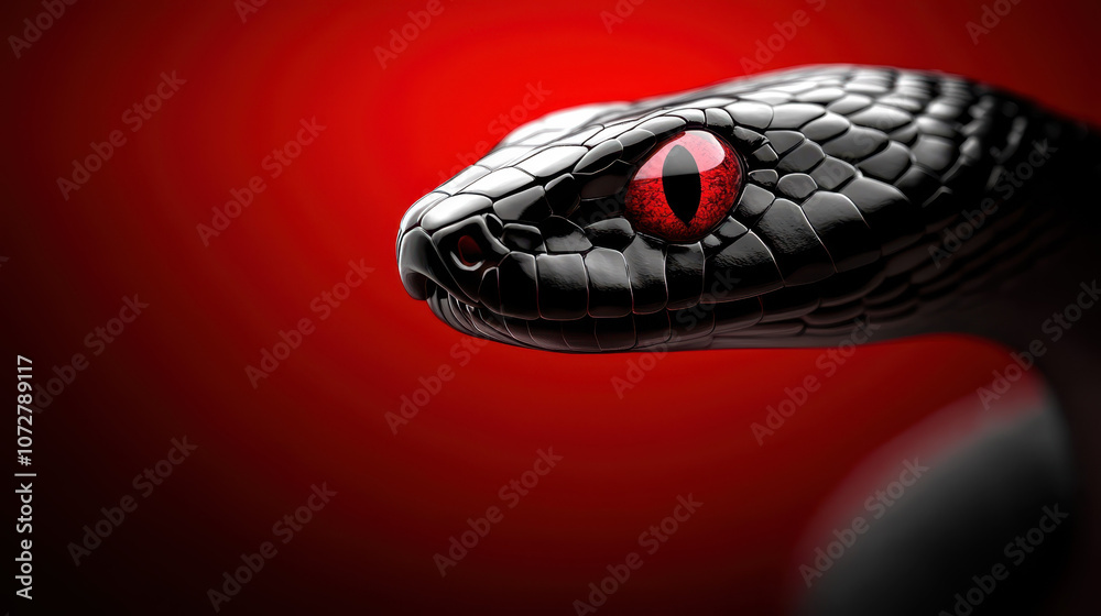 Fototapeta premium close up of black snake with striking red eyes against red background, showcasing its textured scales and fierce expression