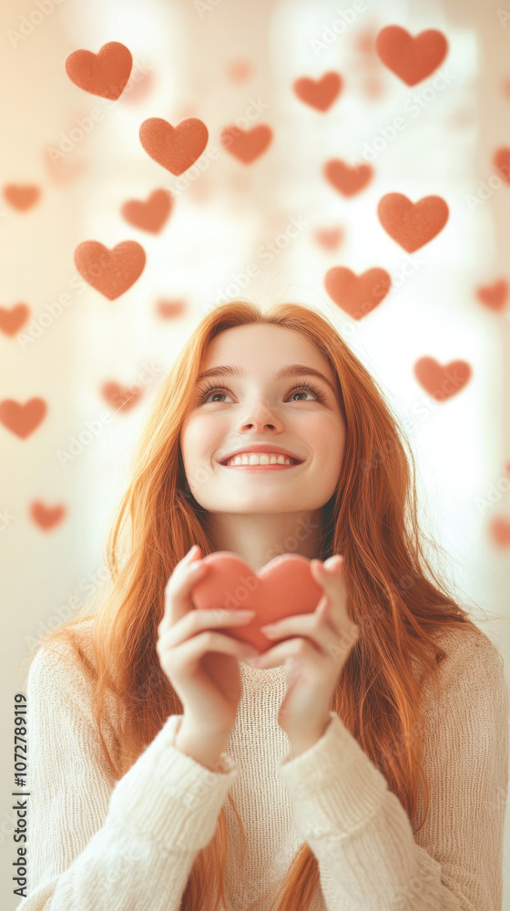joyful young woman with red hair holds heart shaped object, surrounded by floating heart shapes, expressing love and happiness