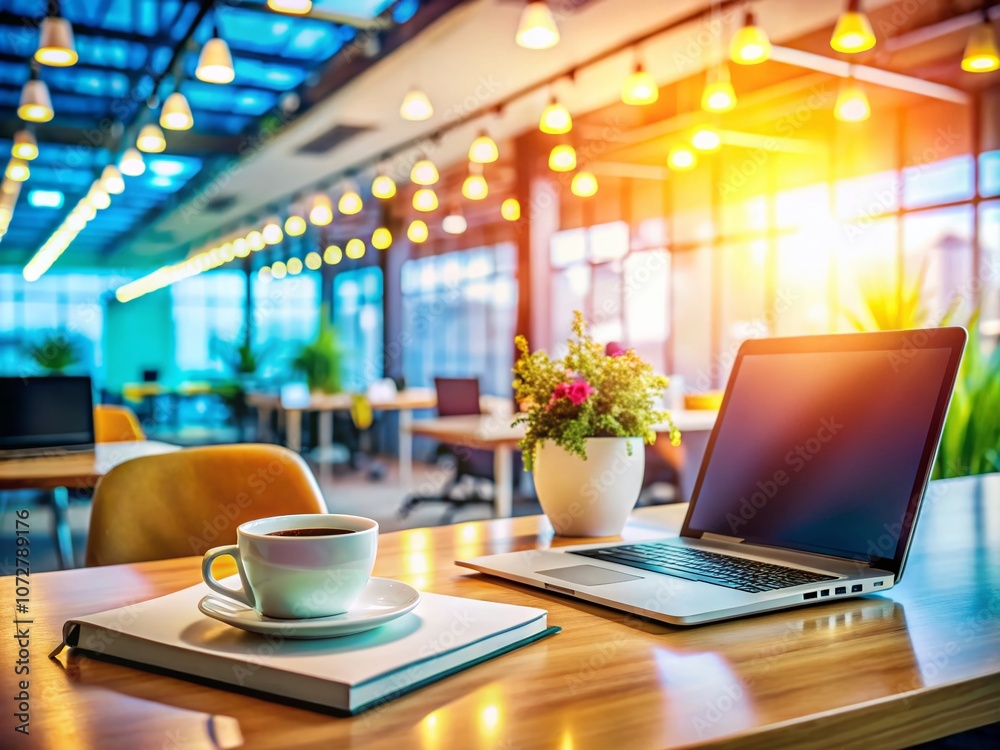 Modern Business Office Scene with Blurred Bokeh Background Featuring Empty Workstation, Computer, Notebook, and Coffee Cup Capturing a Busy Yet Unattended Workspace Atmosphere
