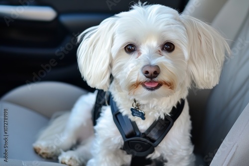 A small fluffy dog safely secured in a car seat with a safety belt during an afternoon drive