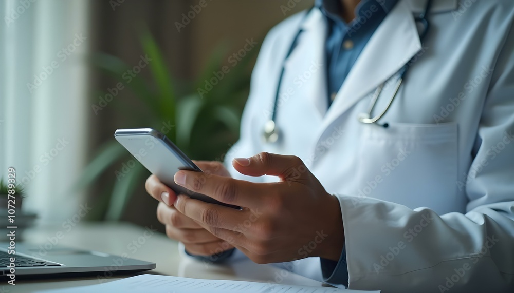 A doctor using mobile phone while sitting at her working place A doctor using mobile phone while sitting at her working place