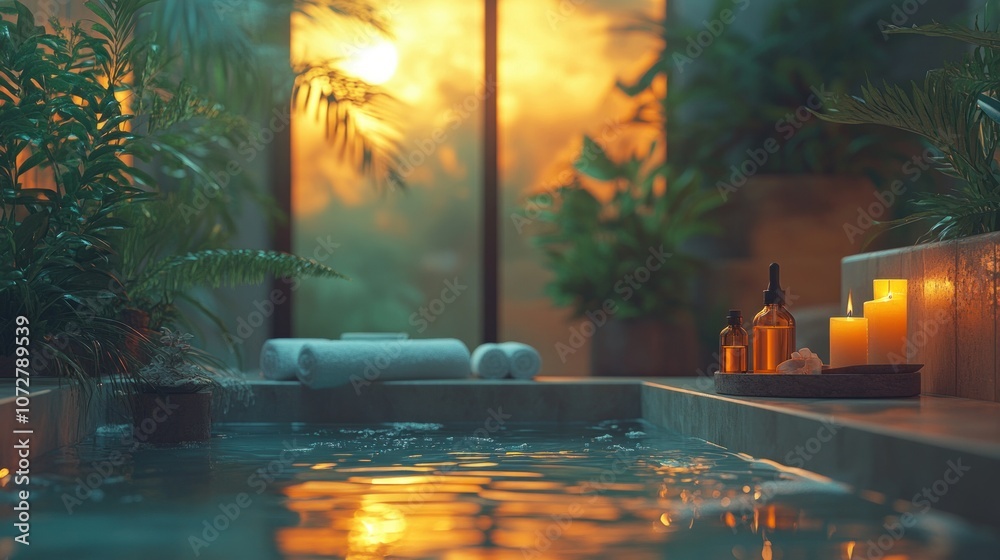 Serene spa setting with candles, plants, and tranquil water. Serene spa setting with candles, plants, and tranquil water.