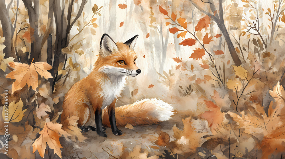 Obraz premium Whimsical watercolor fox in autumn forest warm earth tones falling leaves storybook illustration style with soft edges and playful details enchanting woodland scene. Whimsical. Illustration