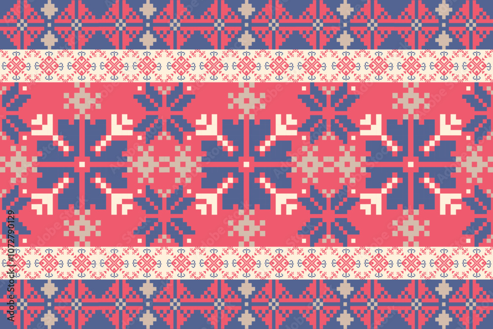 Art Abstract with Floral Pixel Designs. Traditional Cross Stitch needlework. Geometric Ethnic Pattern, Embroidery, Textile Ornamental, Fabric, Hand Stitch Pattern, Cultural Stitching Pixel Art