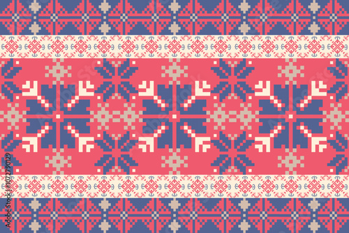 Art Abstract with Floral Pixel Designs. Traditional Cross Stitch needlework. Geometric Ethnic Pattern, Embroidery, Textile Ornamental, Fabric, Hand Stitch Pattern, Cultural Stitching Pixel Art