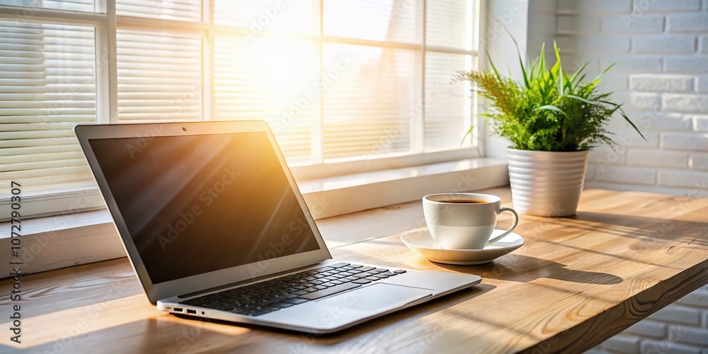 Fototapeta premium Modern Laptop on a White Wooden Desk with Coffee and Plant, Illuminated by Sunlight Through a Window for Web Design Mockup and Promotion