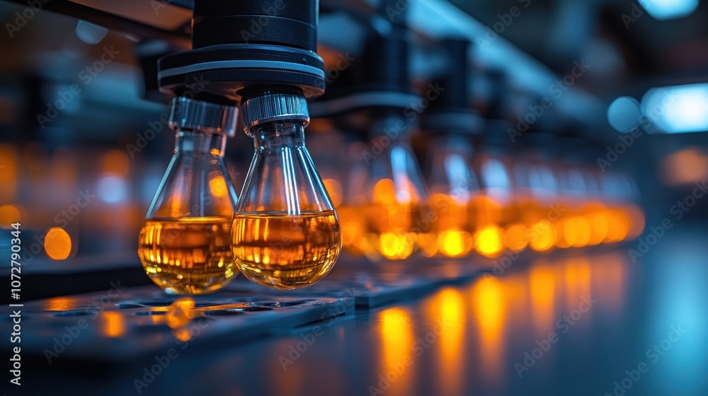 Laboratory setup with glowing vials of liquid for experimentation. Laboratory setup with glowing vials of liquid for experimentation.