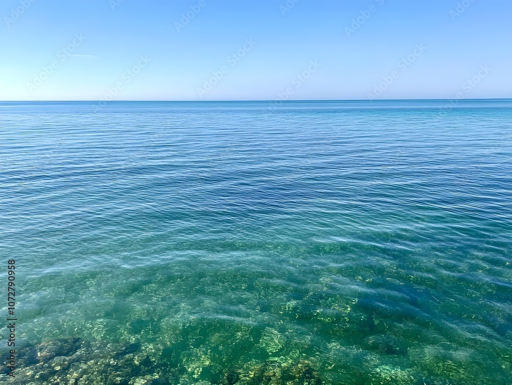 Fototapeta premium Calm teal sea water with sparkling light reflections under open sky