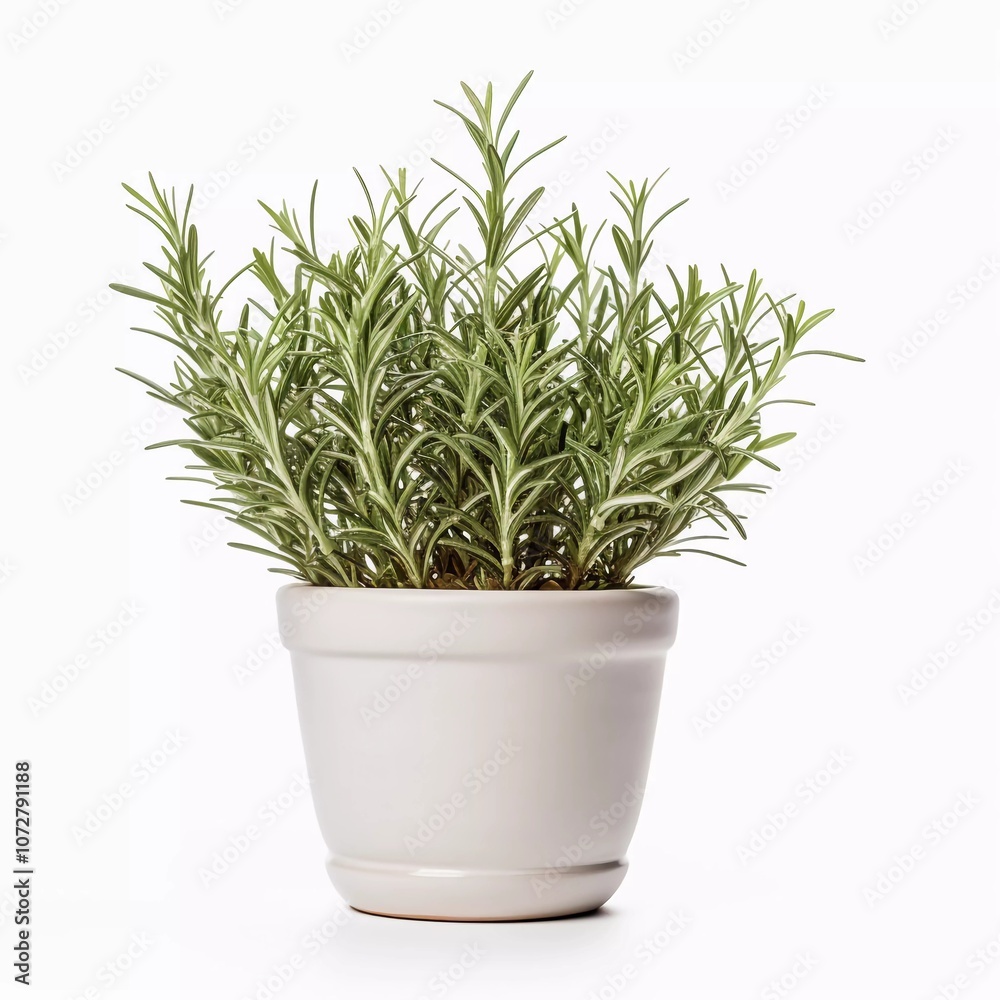 A lush rosemary plant in a simple white pot, ideal for culinary use and home decoration. A lush rosemary plant in a simple white pot, ideal for culinary use and home decoration.