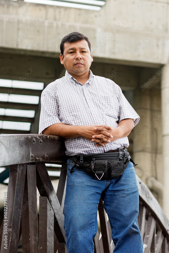 Fototapeta premium Man between 40 and 50 years old, Latino, Hispanic, Peruvian, in front of a camera in different shots