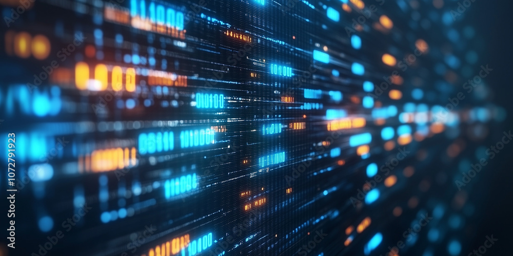 Binary data stream on digital screen, showcasing flowing blue binary code in matrix-like pattern. Ideal background for technology, digital security, data analysis, and information technology concepts, Binary data stream on digital screen, showcasing flowing blue binary code in matrix-like pattern. Ideal background for technology, digital security, data analysis, and information technology concepts,