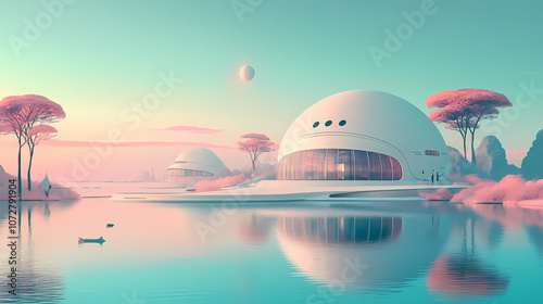 A futuristic, dome-shaped structure rises over tranquil waters, bathed in soft colors, suggesting advanced technology and harmony with nature. Utopia. Illustration photo