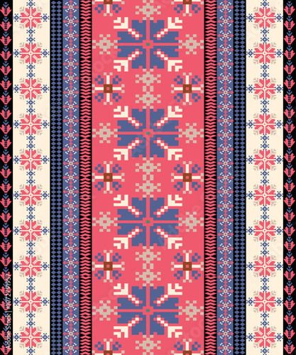 Art Abstract with Floral Pixel Designs. Traditional Cross Stitch needlework. Geometric Ethnic Pattern, Embroidery, Textile Ornamental, Fabric, Hand Stitch Pattern, Cultural Stitching Pixel Art