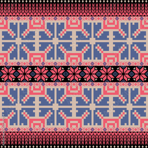 Art Abstract with Floral Pixel Designs. Traditional Cross Stitch needlework. Geometric Ethnic Pattern, Embroidery, Textile Ornamental, Fabric, Hand Stitch Pattern, Cultural Stitching Pixel Art