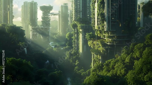 A futuristic utopia where advanced technology and sustainable living coexist, with gleaming skyscrapers and lush green parks stretching as far as the eye can see. illustration. Utopia. Illustration photo