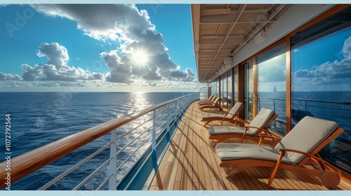A sunny day on a cruise ship deck with lounge chairs overlooking the ocean.