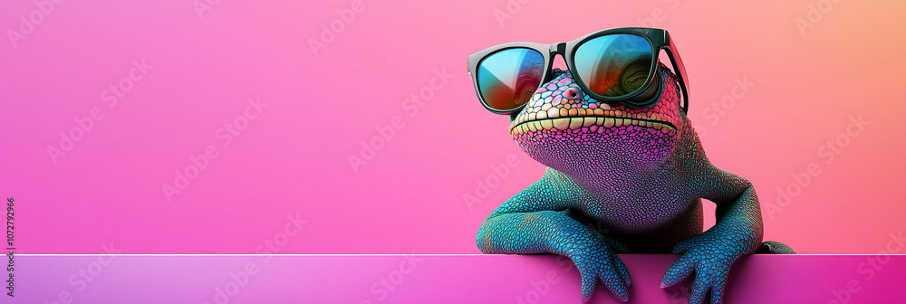 Charming close-up of a chameleon wearing stylish sunglasses on a vibrant solid background. Faceted vector art style with minimalistic, abstract, and creative details. Capturing personality, humor, Charming close-up of a chameleon wearing stylish sunglasses on a vibrant solid background. Faceted vector art style with minimalistic, abstract, and creative details. Capturing personality, humor,