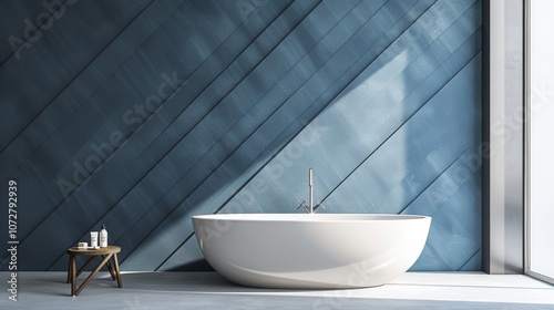 This modern bathrooms standout feature is a diagonal striped accent wall in shades of blue creating a playful and dynamic visual effect in an otherwise minimalist space. photo