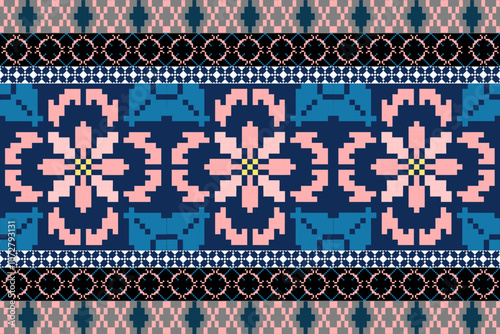 Art Abstract with Floral Pixel Designs. Traditional Cross Stitch needlework. Geometric Ethnic Pattern, Embroidery, Textile Ornamental, Fabric, Hand Stitch Pattern, Cultural Stitching Pixel Art