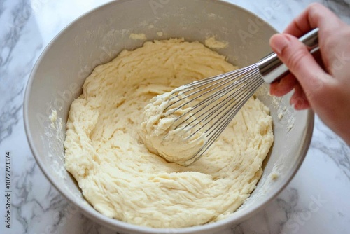 Close-up of a hand whisking dough in a mixing bowl on a marble countertop while preparing for baking