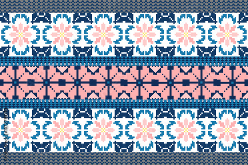Art Abstract with Floral Pixel Designs. Traditional Cross Stitch needlework. Geometric Ethnic Pattern, Embroidery, Textile Ornamental, Fabric, Hand Stitch Pattern, Cultural Stitching Pixel Art