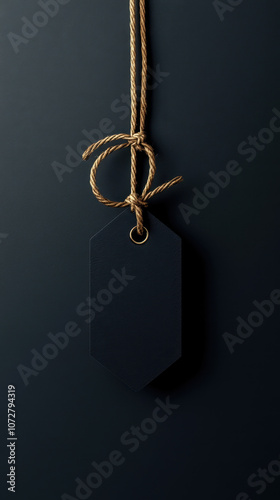 A simple black tag hangs from a brown cord against a dark background, creating a minimalist aesthetic.