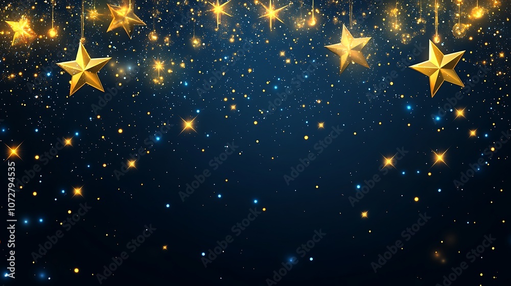 Golden Stars Hanging on Strings Against a Dark Blue Night Sky with Sparkling Glitter Golden Stars Hanging on Strings Against a Dark Blue Night Sky with Sparkling Glitter