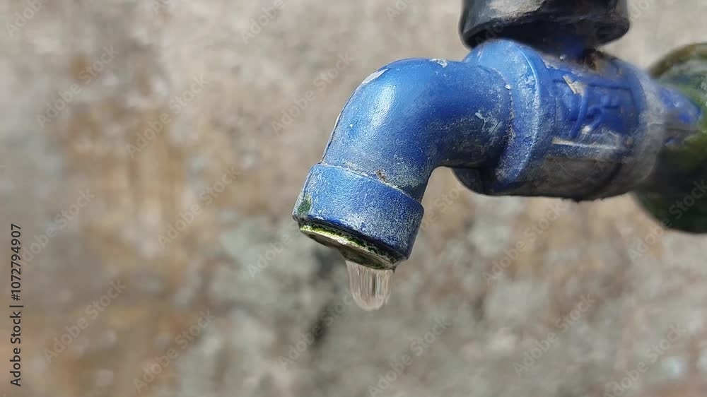 a blue water faucet that drips water little by little
