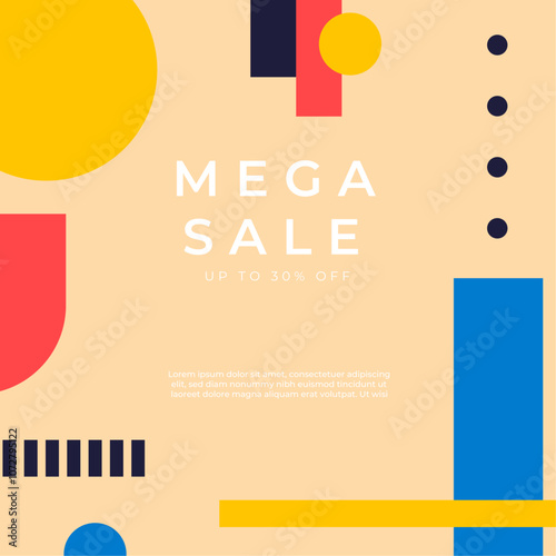 Vibrant Mega Sale Promotion With 30 Percent Discount. Perfect for advertising campaigns, online promotions, and attracting customers with its colorful geometric background.