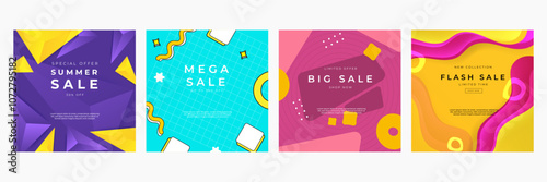 Colorful Abstract Sale Banners for Summer Mega Discounts. Bright and modern sale banners featuring colorful abstract designs. Ideal for summer, mega, big, and flash sales promotions