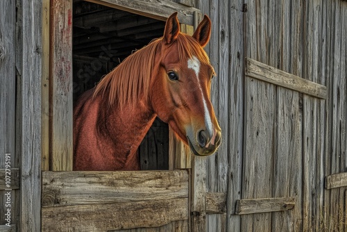 A brown horse stands in a rustic wooden stable, looking out its stall door on a peaceful rural farm