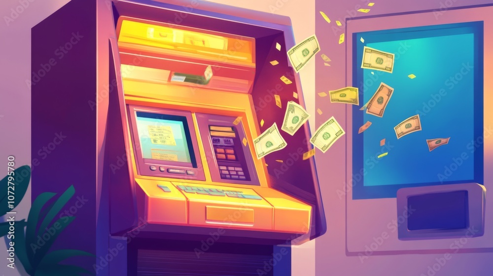 ATM Machine ATM machine illustration with cash coming out ATM Machine ATM machine illustration with cash coming out