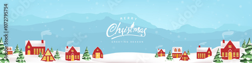Merry Christmas and happy new year greeting card banner background with winter Christmas landscape snow falling at red village in forest among mountains