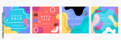 Colorful Abstract Sale Banners for Summer Mega Discounts. Bright and modern sale banners featuring colorful abstract designs. Ideal for summer, mega, big, and flash sales promotions