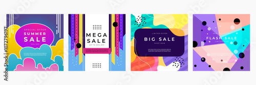 Colorful Abstract Sale Banners for Summer Mega Discounts. Bright and modern sale banners featuring colorful abstract designs. Ideal for summer, mega, big, and flash sales promotions