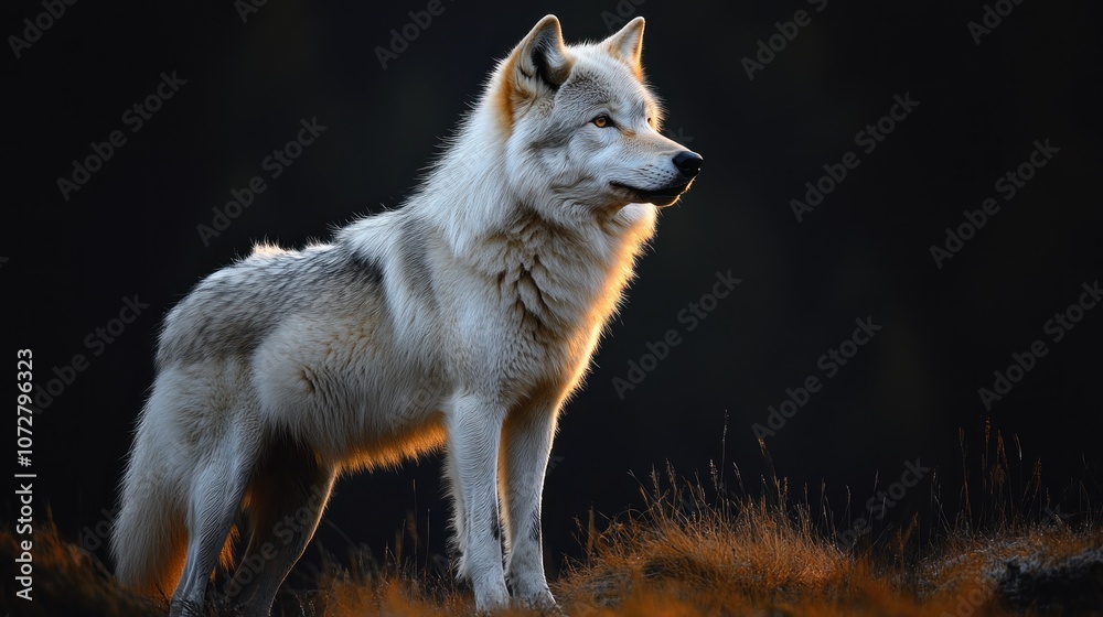 A majestic white wolf stands in a natural setting at dusk. A majestic white wolf stands in a natural setting at dusk.