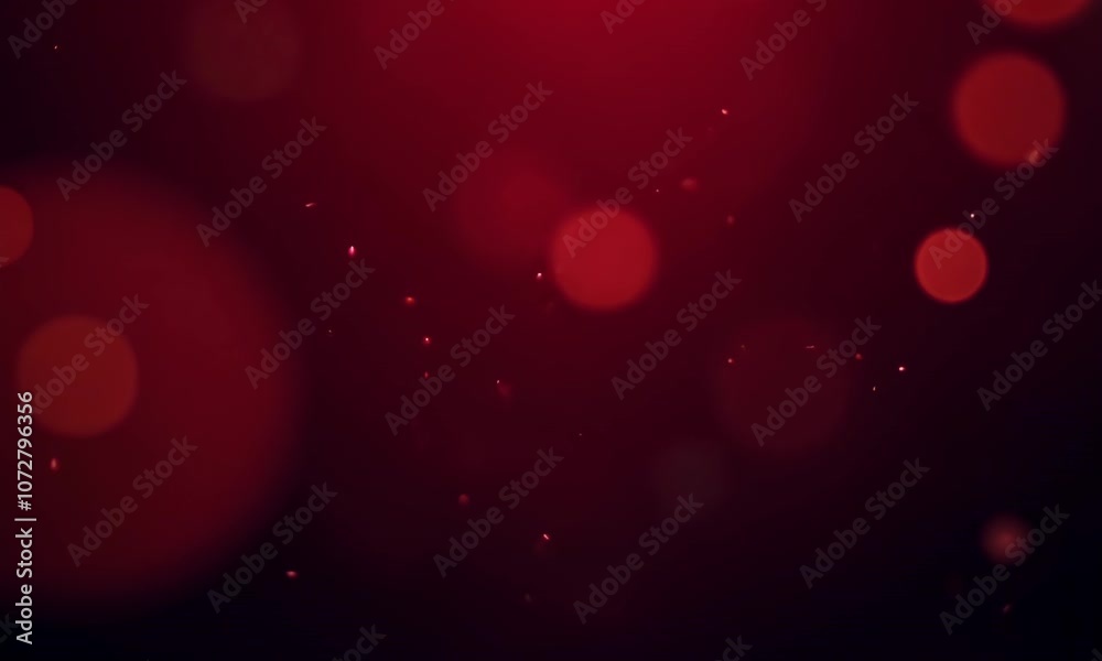 Dark red abstract background with moving particles and bokeh